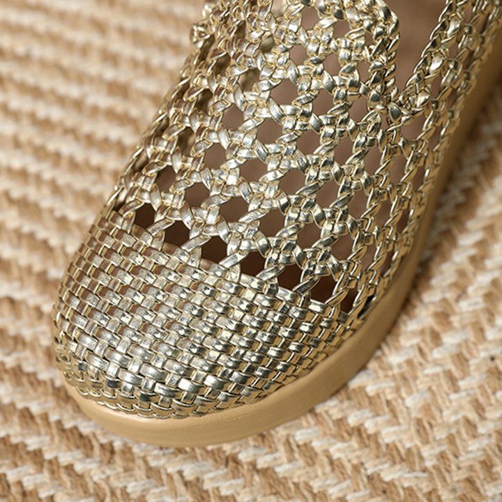 gold Women's hollow woven wedge heels loafers