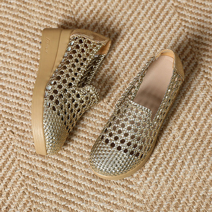 gold Women's hollow woven wedge heels loafers