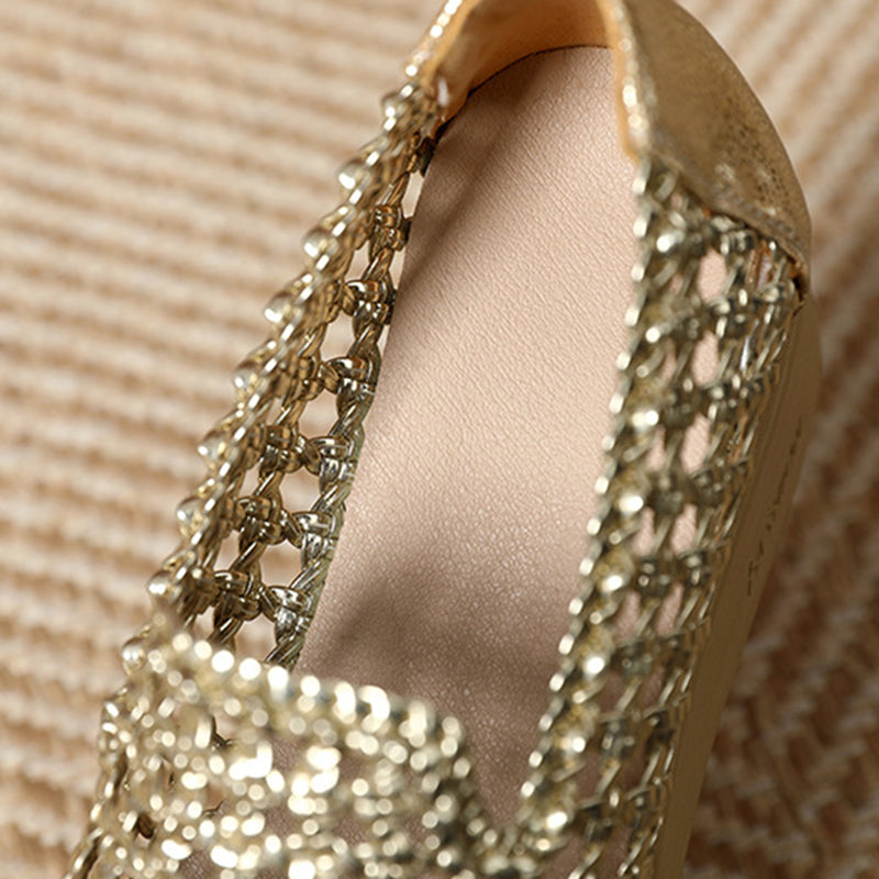 gold Women's hollow woven wedge heels loafers
