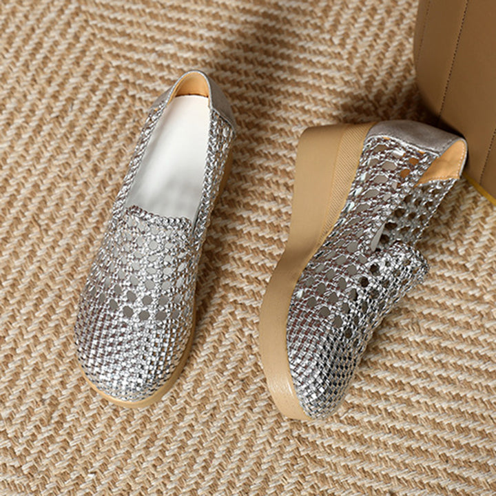 silver Women's hollow woven wedge heels loafers