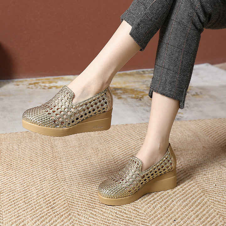 gold Women's hollow woven wedge heels loafers