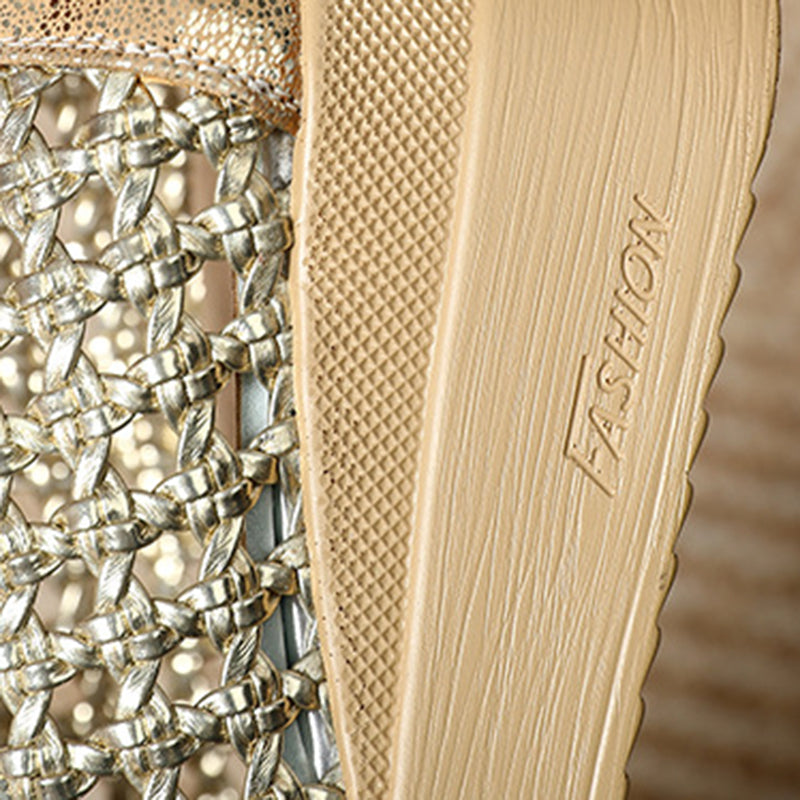 gold Women's hollow woven wedge heels loafers