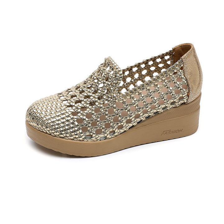 gold Women's hollow woven wedge heels loafers