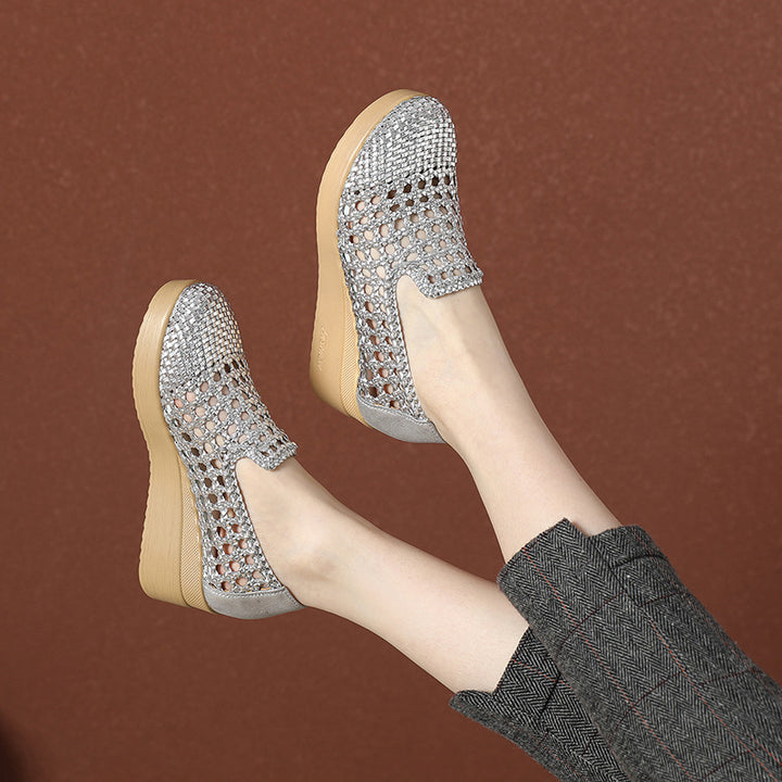Women's hollow woven wedge heels loafers