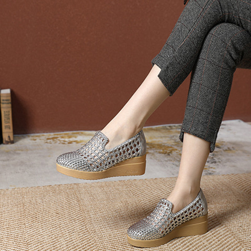 silver Women's hollow woven wedge heels loafers