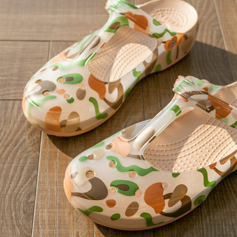 khaki Women's jelly water shoes with T-strap artch support