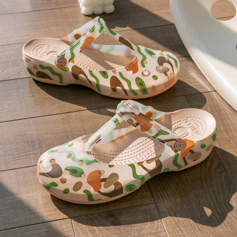 khaki Women's jelly water shoes with T-strap artch support