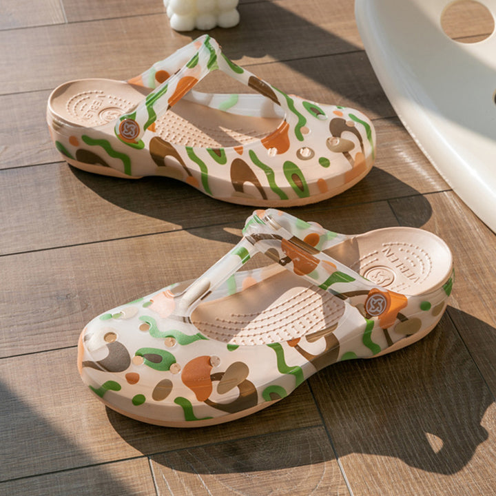 khaki Women's jelly water shoes with T-strap artch support