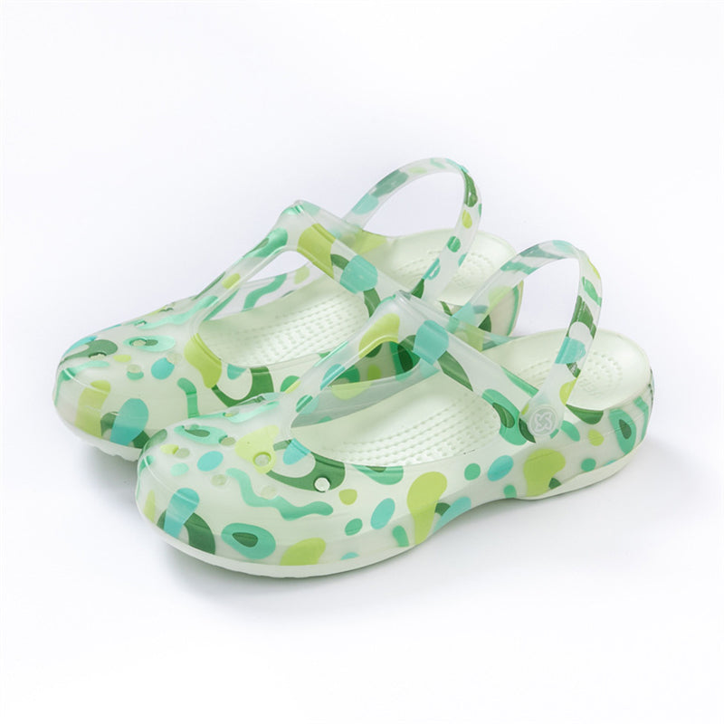 green Women's jelly water shoes with T-strap artch support