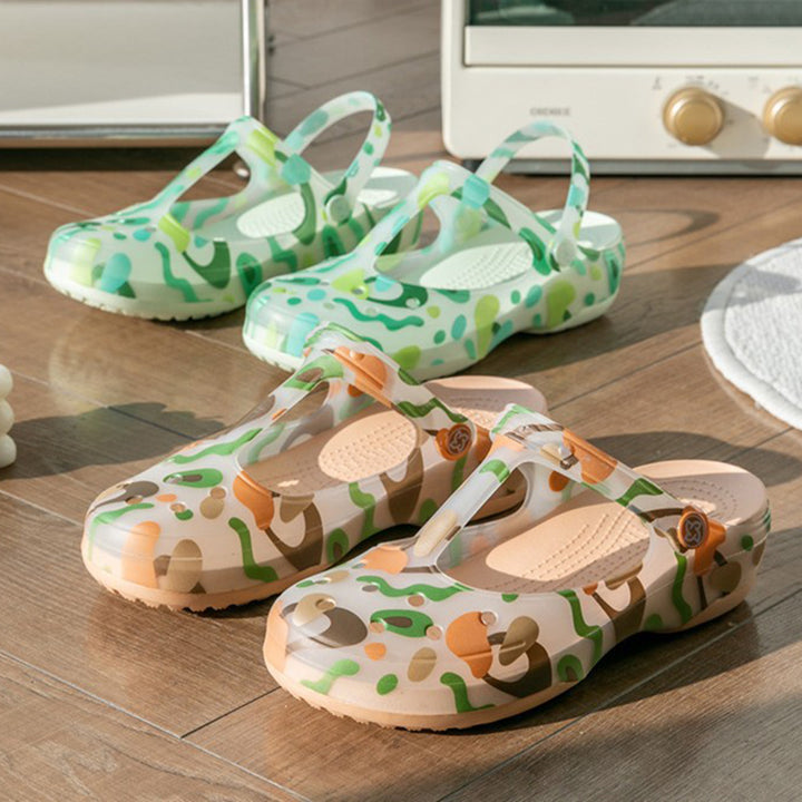 khaki Women's jelly water shoes with T-strap artch support