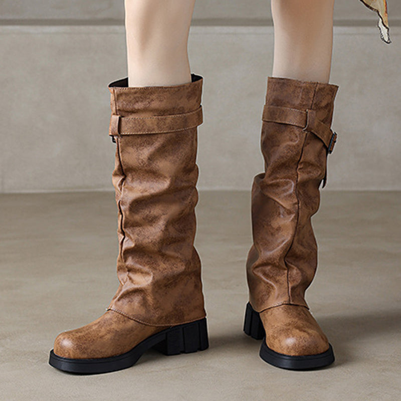 khaki Women's knee high fold over long slouch boots