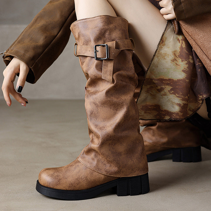 khaki Women's knee high fold over long slouch boots