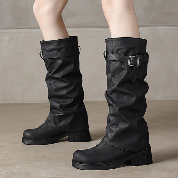 black Women's knee high fold over long slouch boots