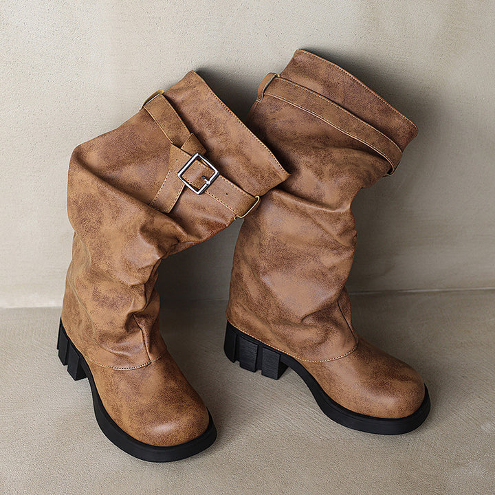 khaki Women's knee high fold over long slouch boots