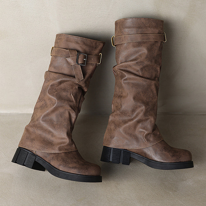 brown Women's knee high fold over long slouch boots