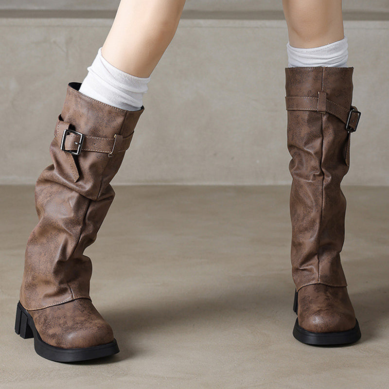 brown Women's knee high fold over long slouch boots