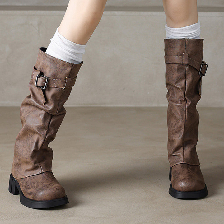 brown Women's knee high fold over long slouch boots