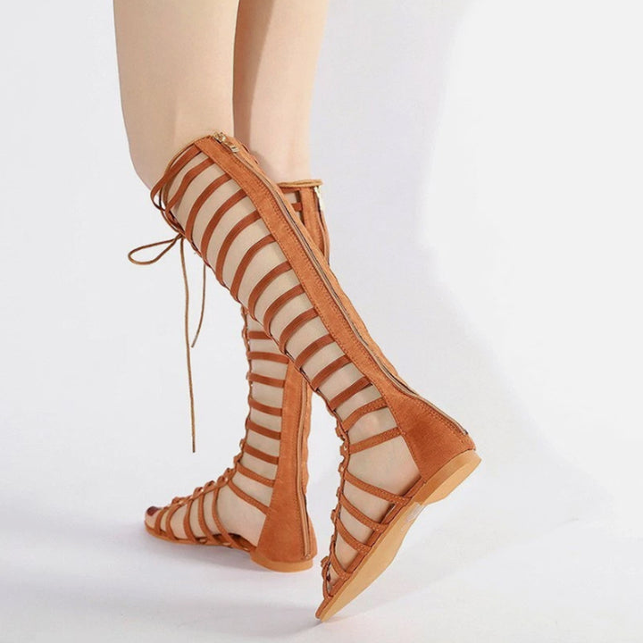 brown Women's knee high tie-up gladiator sandals