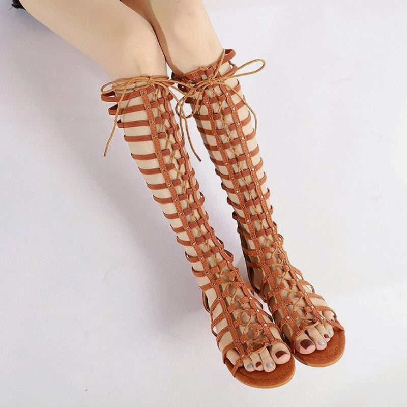 brown Women's knee high tie-up gladiator sandals