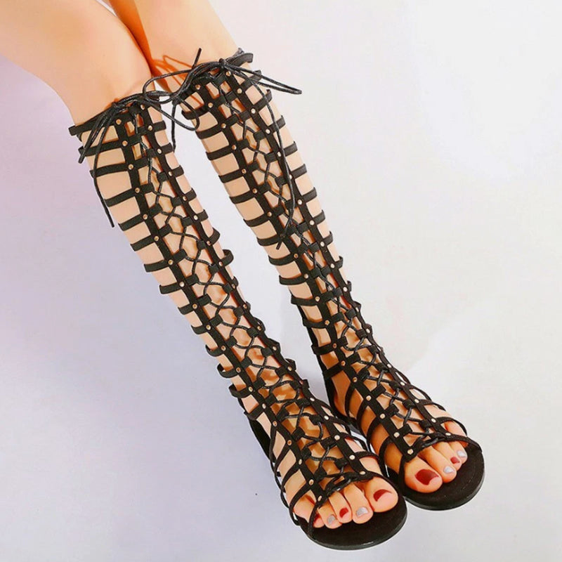 black Women's knee high tie-up gladiator sandals
