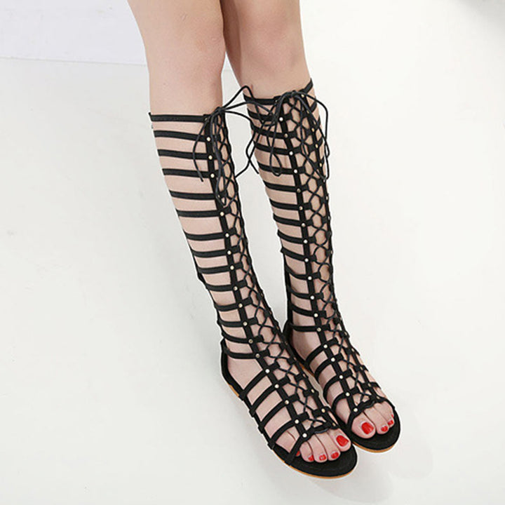 black Women's knee high tie-up gladiator sandals
