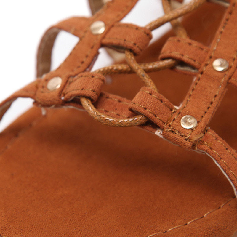 brown Women's knee high tie-up gladiator sandals