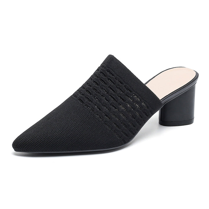 black Chic Knit Block Heels Mules for Women - Pointed Toe Elegance for Parties & Events
