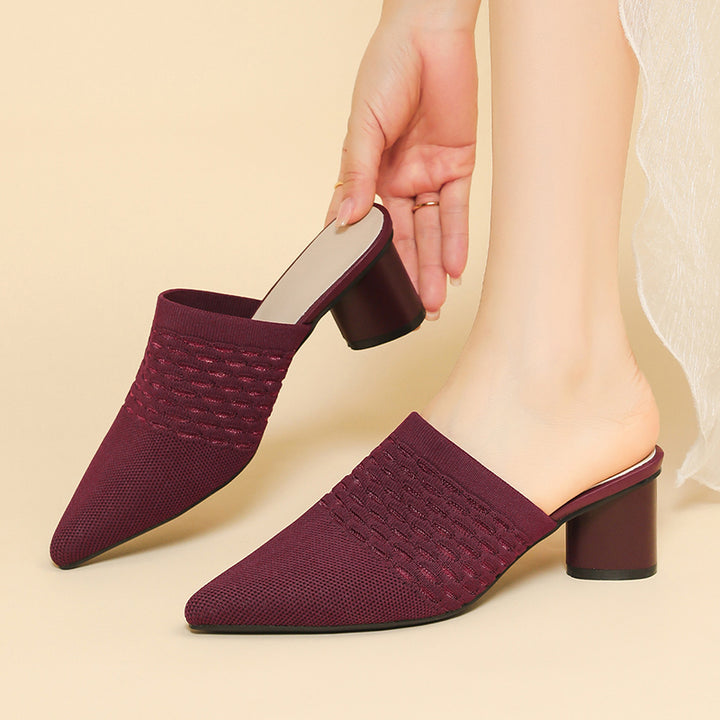 Chic Knit Block Heels Mules for Women - Pointed Toe Elegance for Parties & Events
