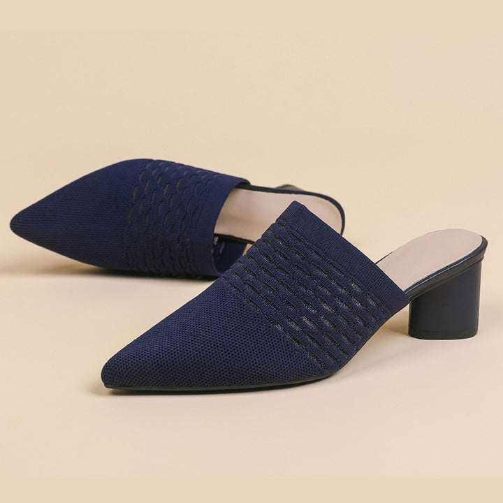 Chic Knit Block Heels Mules for Women - Pointed Toe Elegance for Parties & Events