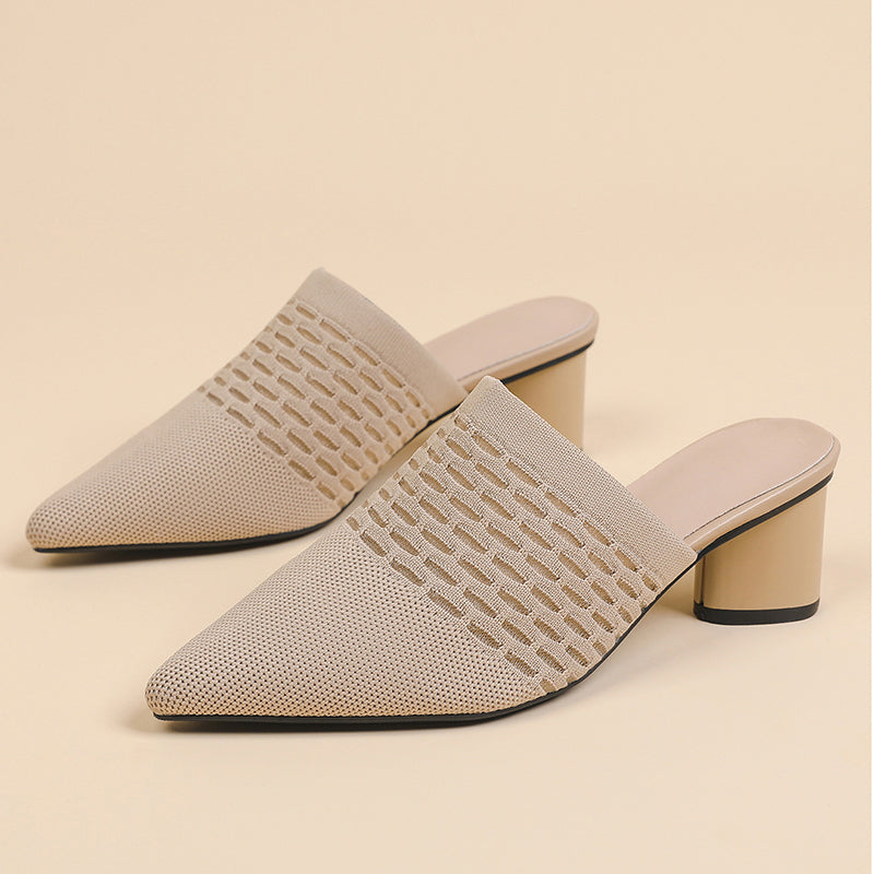 apricot Chic Knit Block Heels Mules for Women - Pointed Toe Elegance for Parties & Events