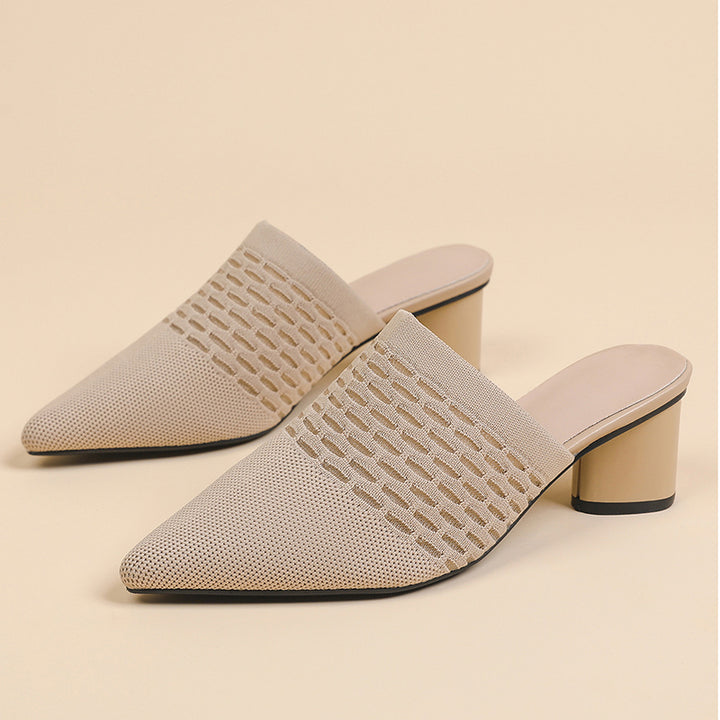 apricot Chic Knit Block Heels Mules for Women - Pointed Toe Elegance for Parties & Events