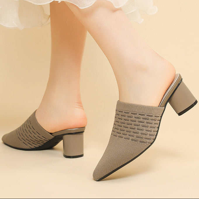 Chic Knit Block Heels Mules for Women - Pointed Toe Elegance for Parties & Events