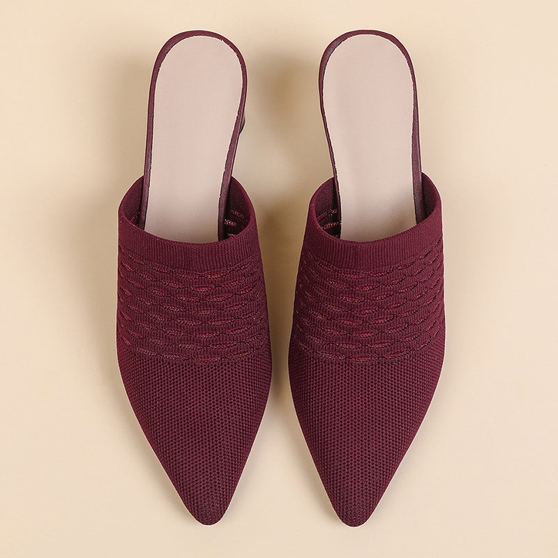 burgundy Chic Knit Block Heels Mules for Women - Pointed Toe Elegance for Parties & Events