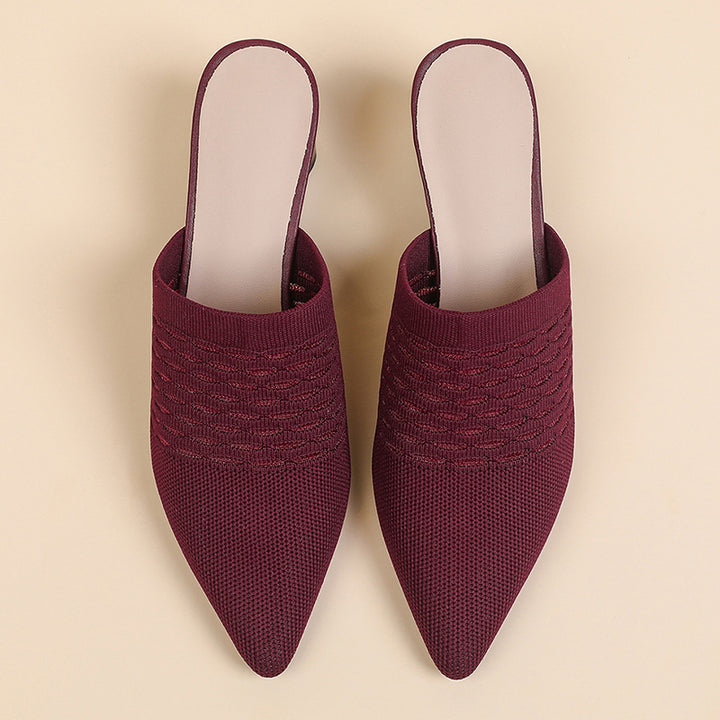burgundy Chic Knit Block Heels Mules for Women - Pointed Toe Elegance for Parties & Events