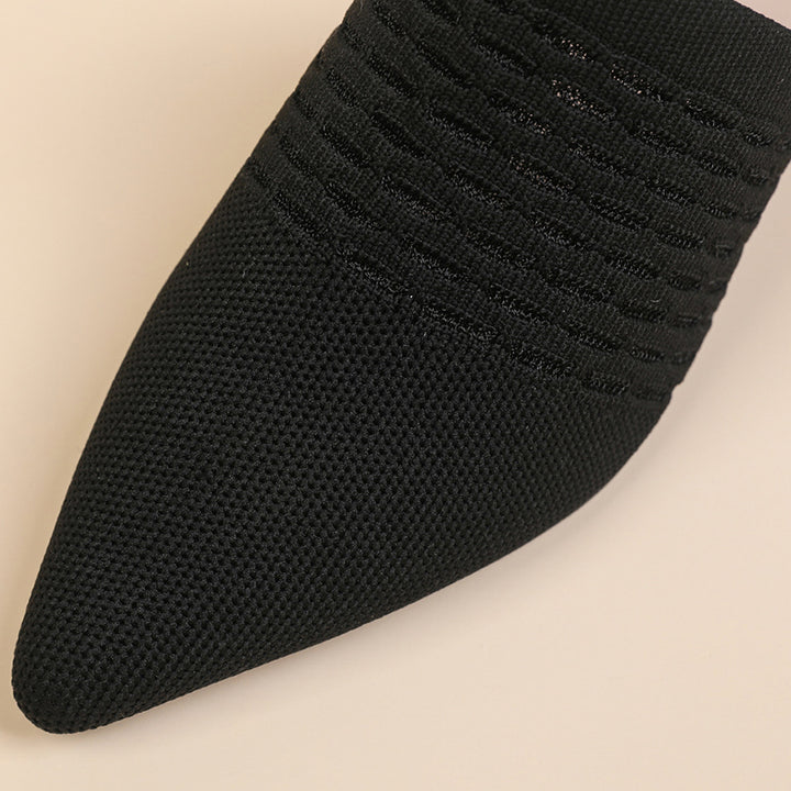 black Chic Knit Block Heels Mules for Women - Pointed Toe Elegance for Parties & Events