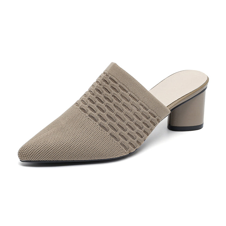 khaki Chic Knit Block Heels Mules for Women - Pointed Toe Elegance for Parties & Events
