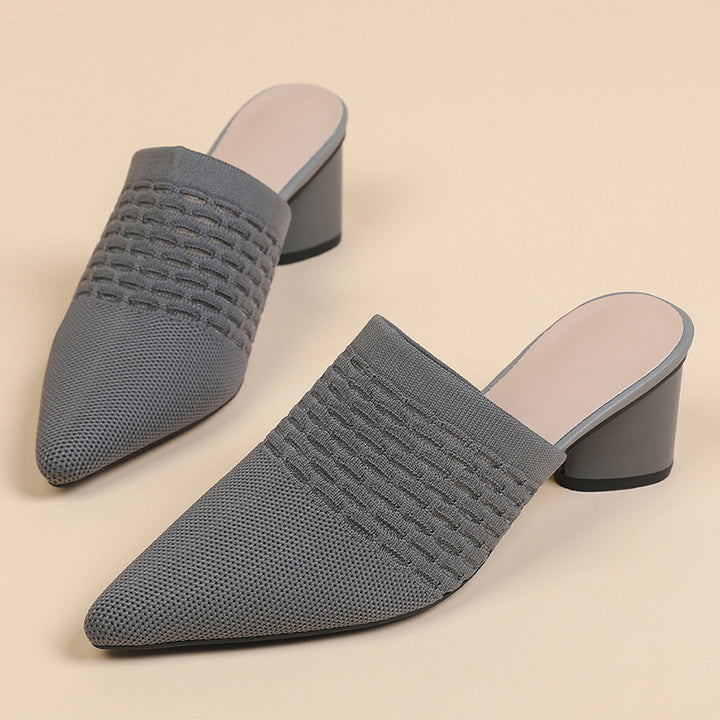 gray Chic Knit Block Heels Mules for Women - Pointed Toe Elegance for Parties & Events