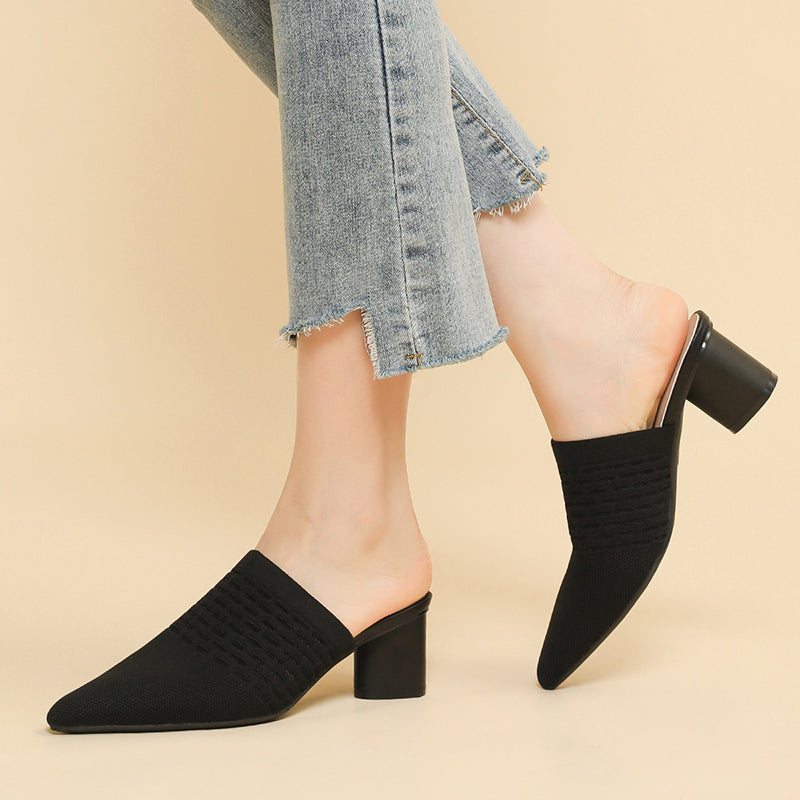 Chic Knit Block Heels Mules for Women - Pointed Toe Elegance for Parties & Events
