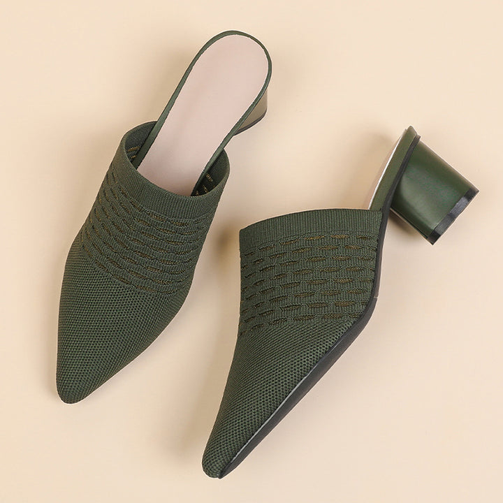 green Chic Knit Block Heels Mules for Women - Pointed Toe Elegance for Parties & Events