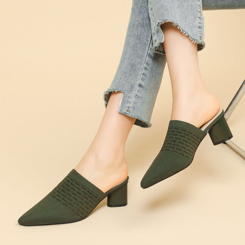 green Chic Knit Block Heels Mules for Women - Pointed Toe Elegance for Parties & Events