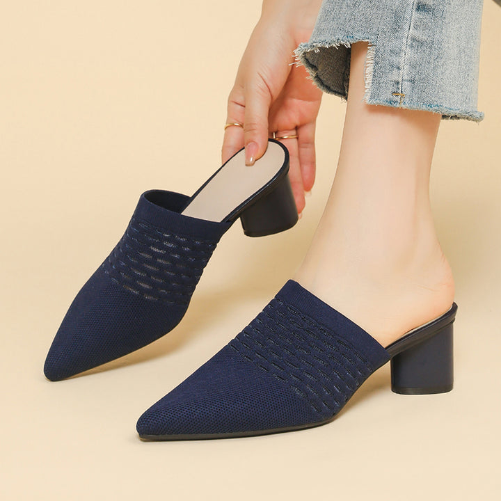 Chic Knit Block Heels Mules for Women - Pointed Toe Elegance for Parties & Events