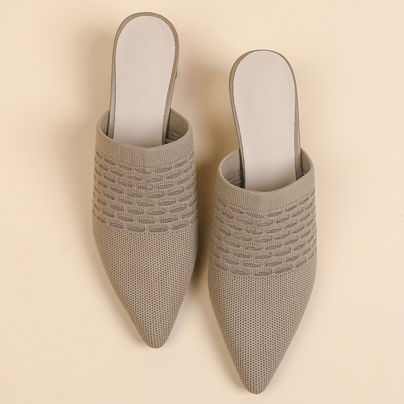 khaki Chic Knit Block Heels Mules for Women - Pointed Toe Elegance for Parties & Events