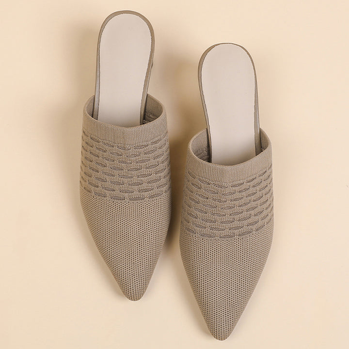 khaki Chic Knit Block Heels Mules for Women - Pointed Toe Elegance for Parties & Events