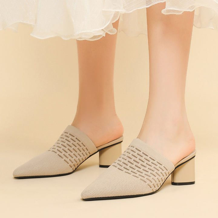 apricot Chic Knit Block Heels Mules for Women - Pointed Toe Elegance for Parties & Events