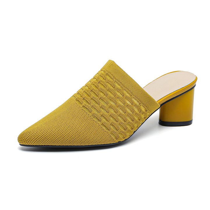 yellow Chic Knit Block Heels Mules for Women - Pointed Toe Elegance for Parties & Events