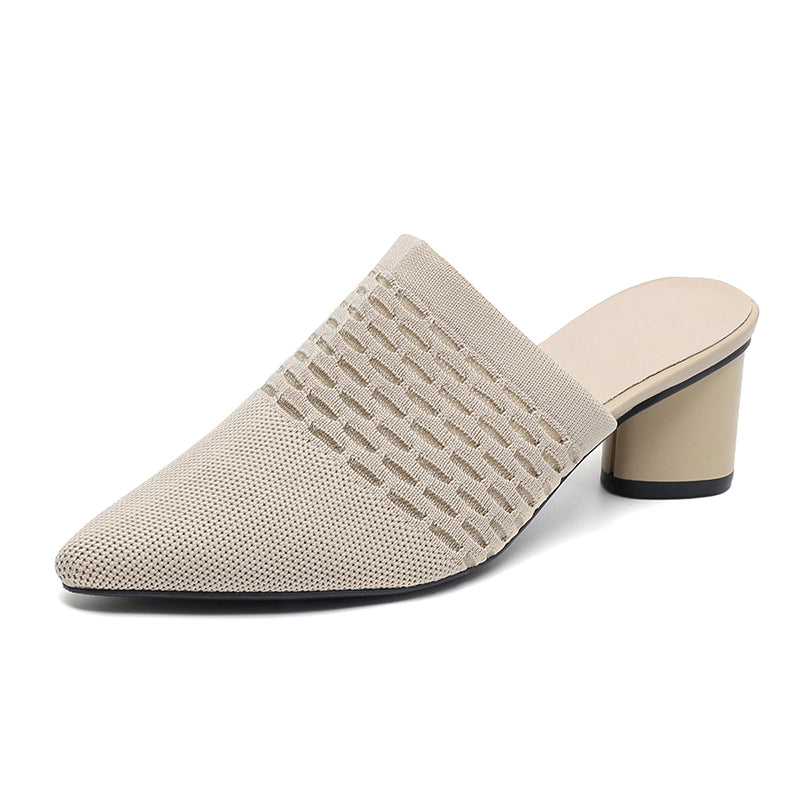 Chic Knit Block Heels Mules for Women - Pointed Toe Elegance for Parties & Events