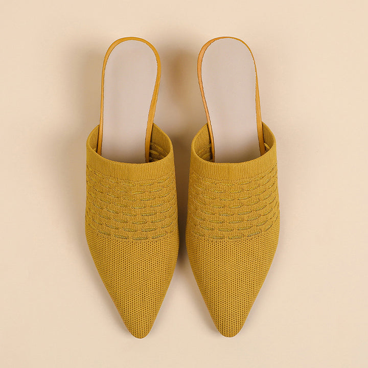 yellow Chic Knit Block Heels Mules for Women - Pointed Toe Elegance for Parties & Events