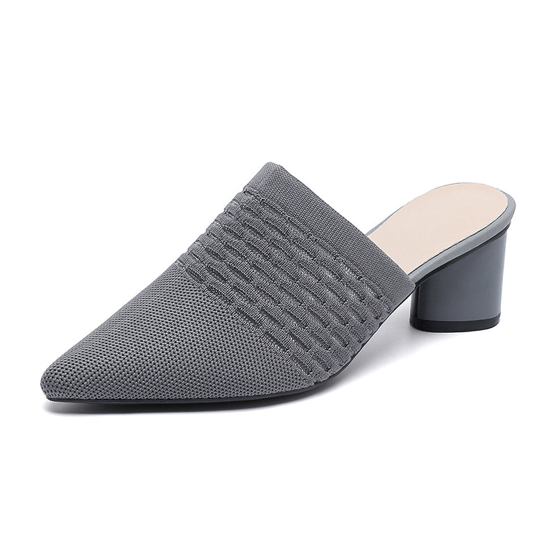 gray Chic Knit Block Heels Mules for Women - Pointed Toe Elegance for Parties & Events