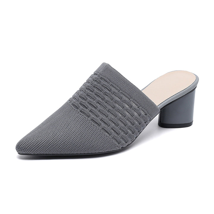 gray Chic Knit Block Heels Mules for Women - Pointed Toe Elegance for Parties & Events