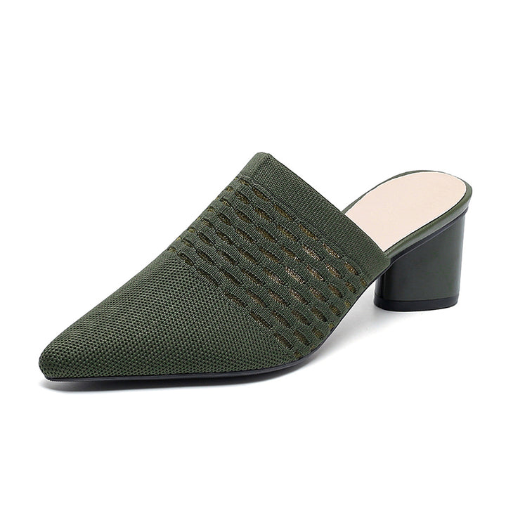 Chic Knit Block Heels Mules for Women - Pointed Toe Elegance for Parties & Events
